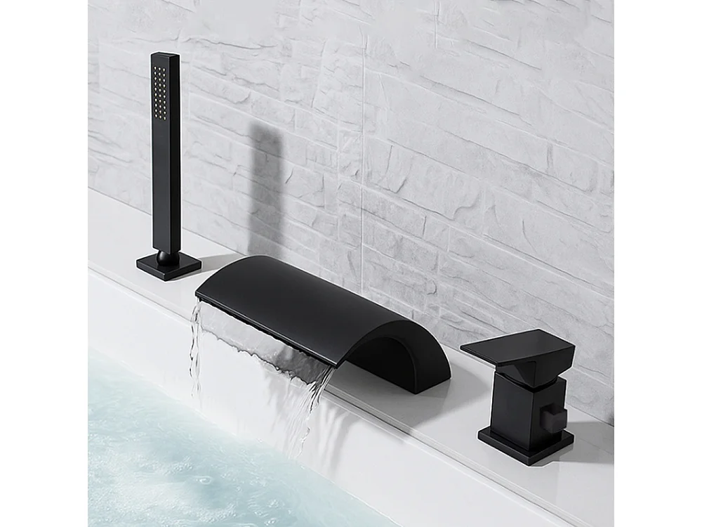 Robinet de baignoire style moderne cascade en Laiton mitigeur avec douchette 3 trous cartouche céramique Noir