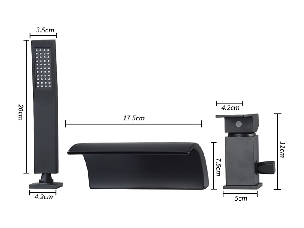 Robinet de baignoire style moderne cascade en Laiton mitigeur avec douchette 3 trous cartouche céramique Noir