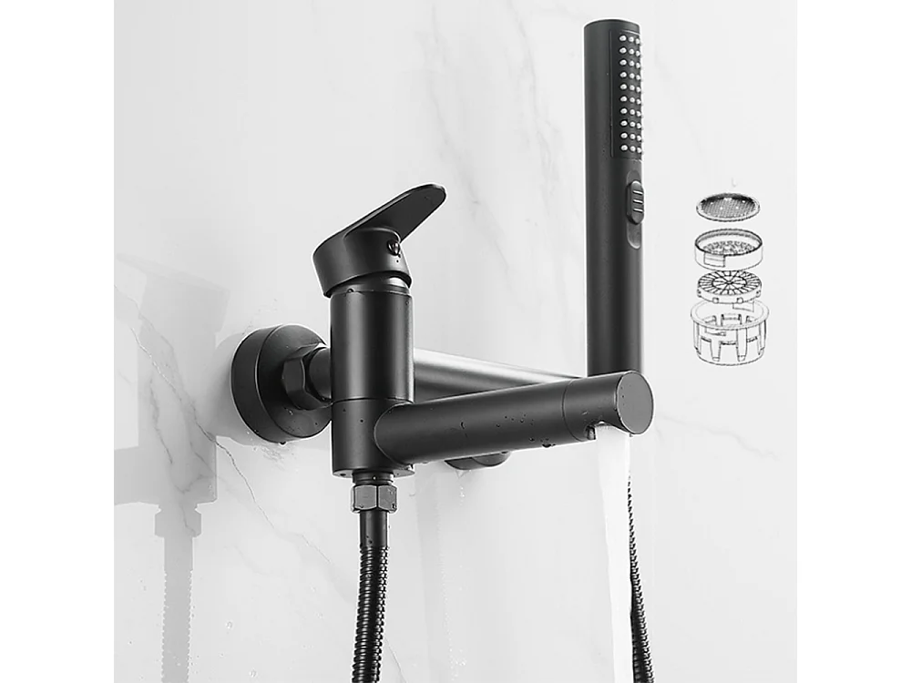 Robinet de baignoire style moderne en Laiton mitigeur avec douchette cartouche céramique Mural Noir