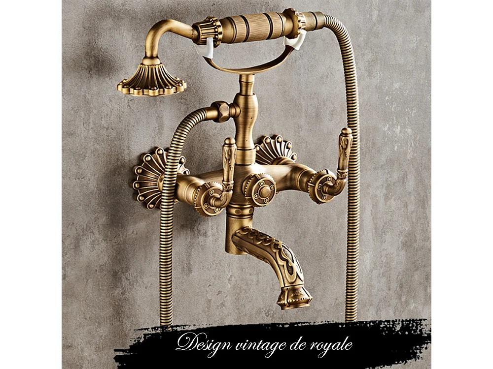 Robinet de baignoire style rétro Vintage Royale en Laiton mélangeur avec Grosse douchette mural cartouche céramique cuivre