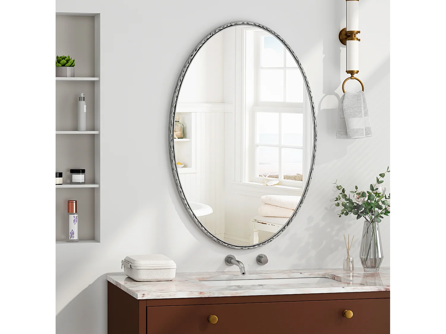 Miroir mural pour salle de bains 100x65cm Miroir de coiffeuse décoration arqué pour salon chambre à coucher et entrée ovale Argent