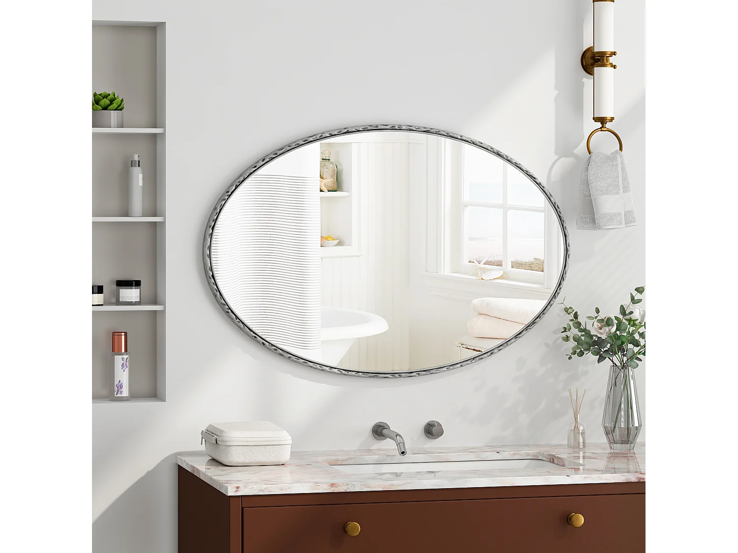 Miroir mural pour salle de bains 100x65cm Miroir de coiffeuse décoration arqué pour salon chambre à coucher et entrée ovale Argent