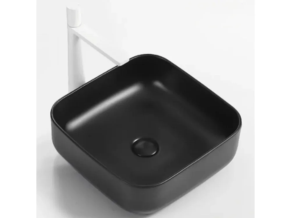 Vasque à poser en céramique lavabo perçage forme rectangle Noir avec Bonde Siphon 385x385x140mm