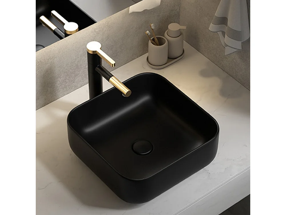 Vasque à poser en céramique lavabo perçage forme rectangle Noir avec Bonde Siphon 385x385x140mm