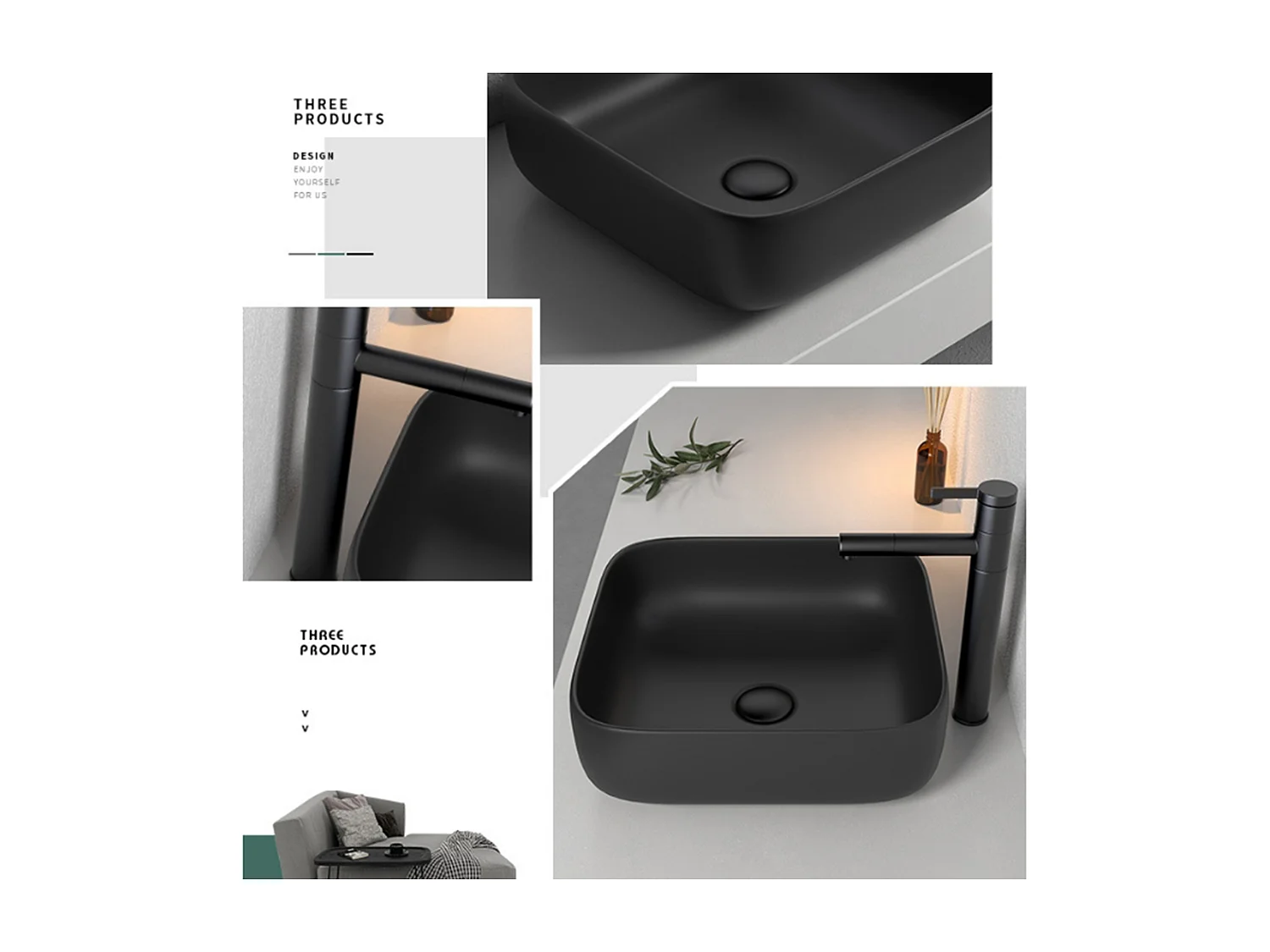 Vasque à poser en céramique lavabo perçage forme rectangle Noir avec Bonde Siphon 385x385x140mm