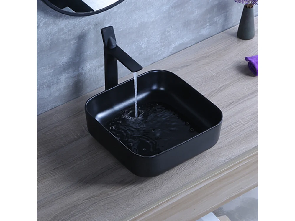 Vasque à poser en céramique lavabo perçage forme rectangle Noir avec Bonde Siphon 385x385x140mm