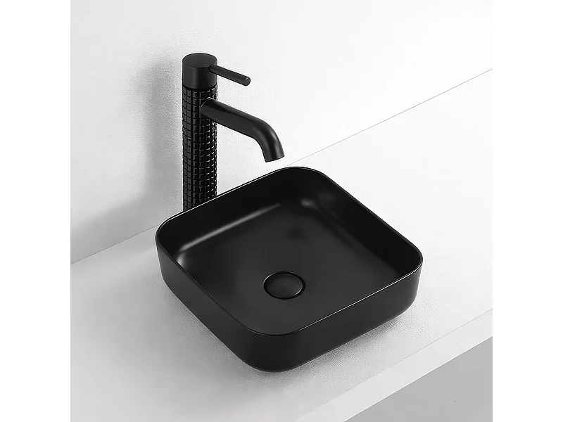 Vasque à poser en céramique lavabo perçage forme rectangle Noir avec Bonde Siphon 385x385x140mm