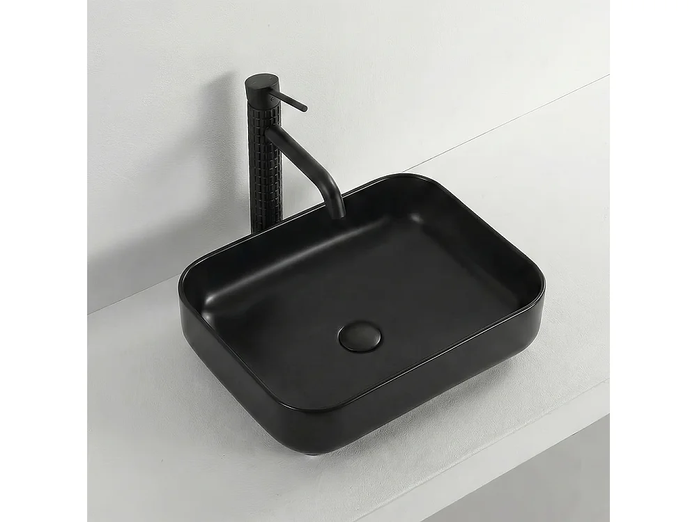 Vasque à poser en céramique lavabo perçage forme rectangle Noir avec Bonde Siphon 500x400x140mm