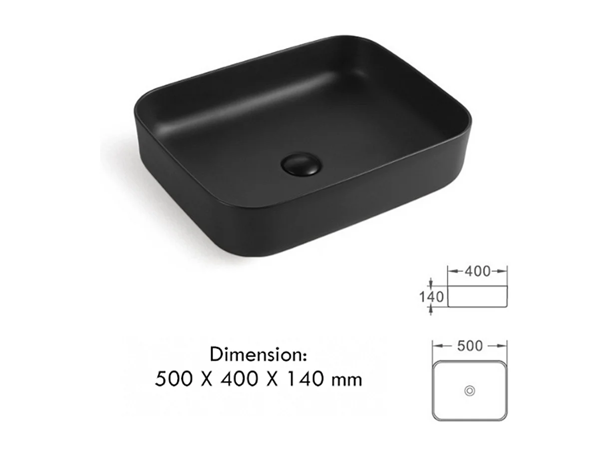 Vasque à poser en céramique lavabo perçage forme rectangle Noir avec Bonde Siphon 500x400x140mm