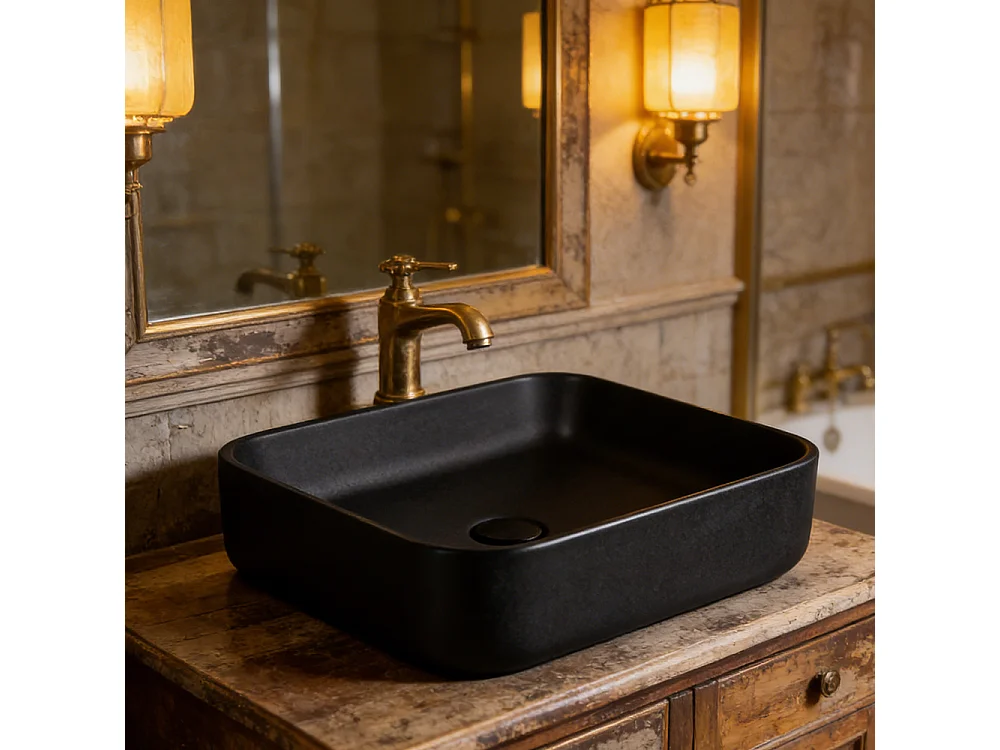 Vasque à poser en céramique lavabo perçage forme rectangle Noir avec Bonde Siphon 500x400x140mm