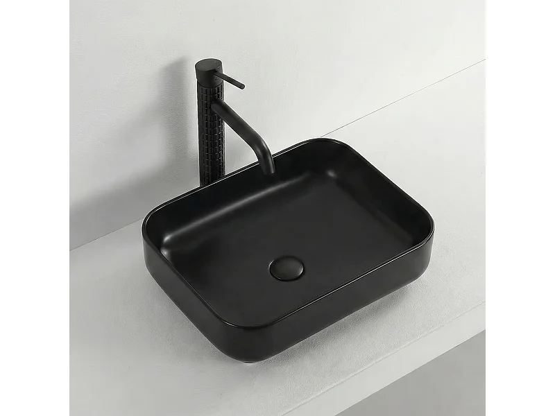 Vasque à poser en céramique lavabo perçage forme rectangle Noir avec Bonde Siphon 500x400x140mm