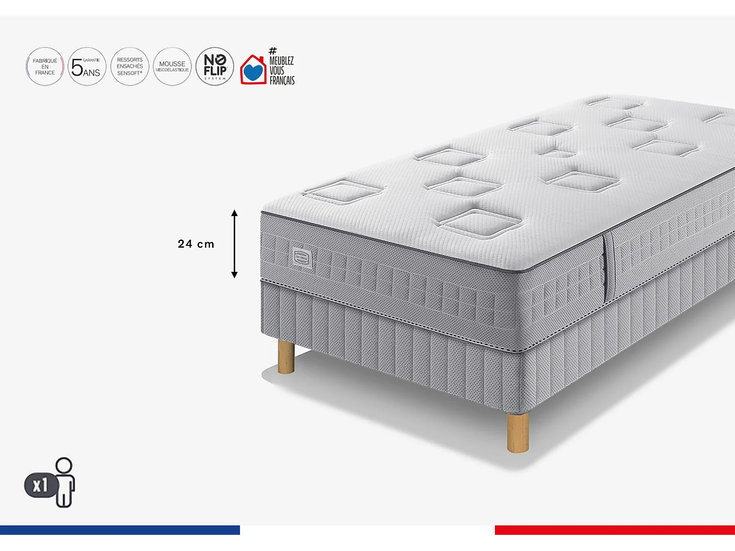 Ens CHALLENGE 90x190 matelas H24 ressort ensachés, très ferme, sommier