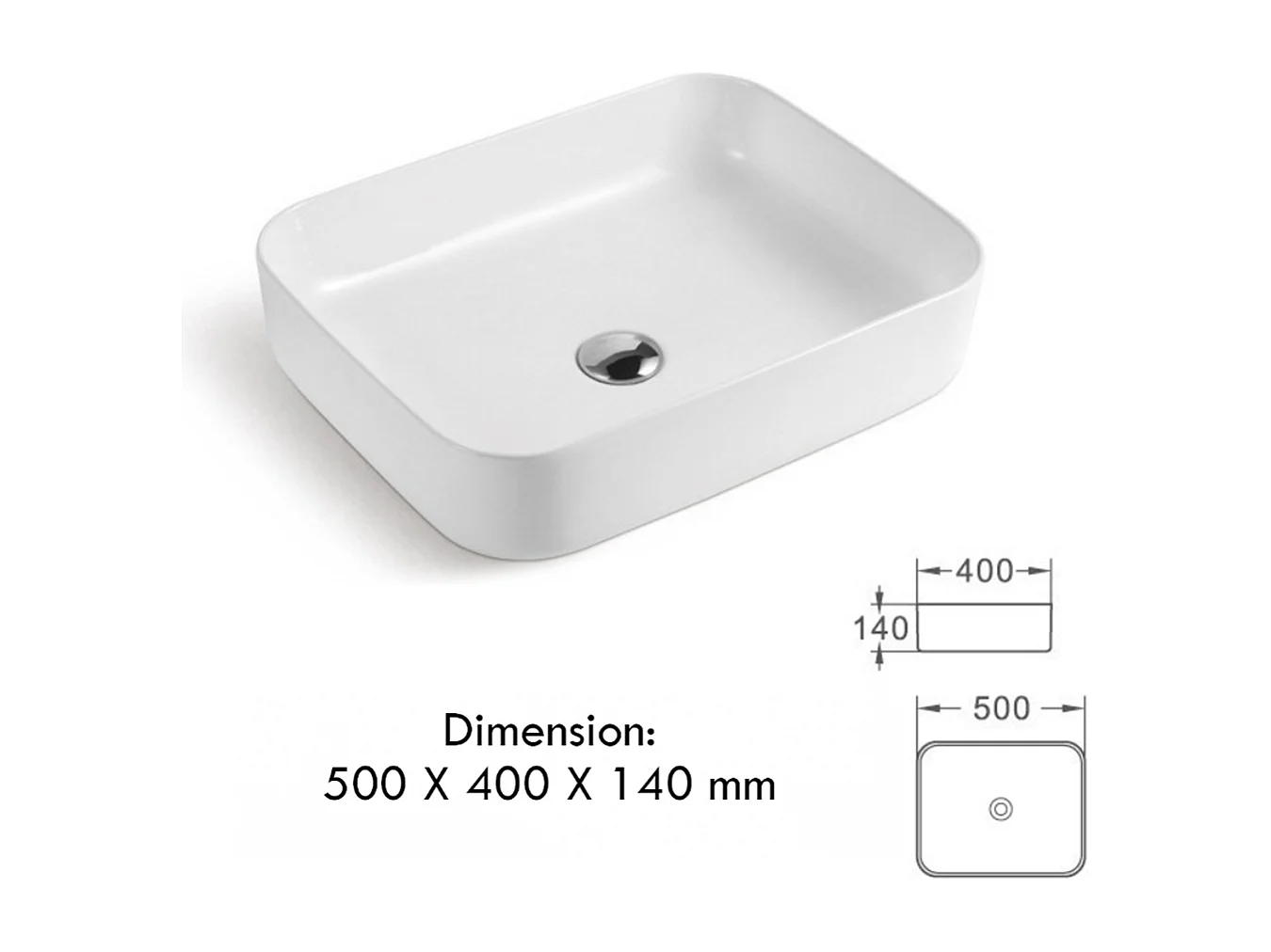Vasque à poser en céramique lavabo perçage forme rectangle Blanc avec Bonde Siphon 500x400x140mm