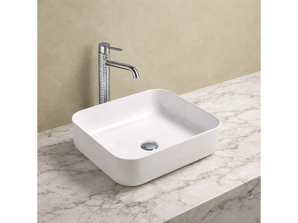 Vasque à poser en céramique lavabo perçage forme rectangle Blanc avec Bonde Siphon 500x400x140mm