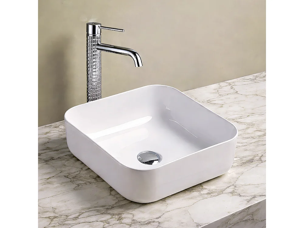 Vasque à poser en céramique lavabo perçage forme rectangle Blanc avec Bonde Siphon 385x385x140mm