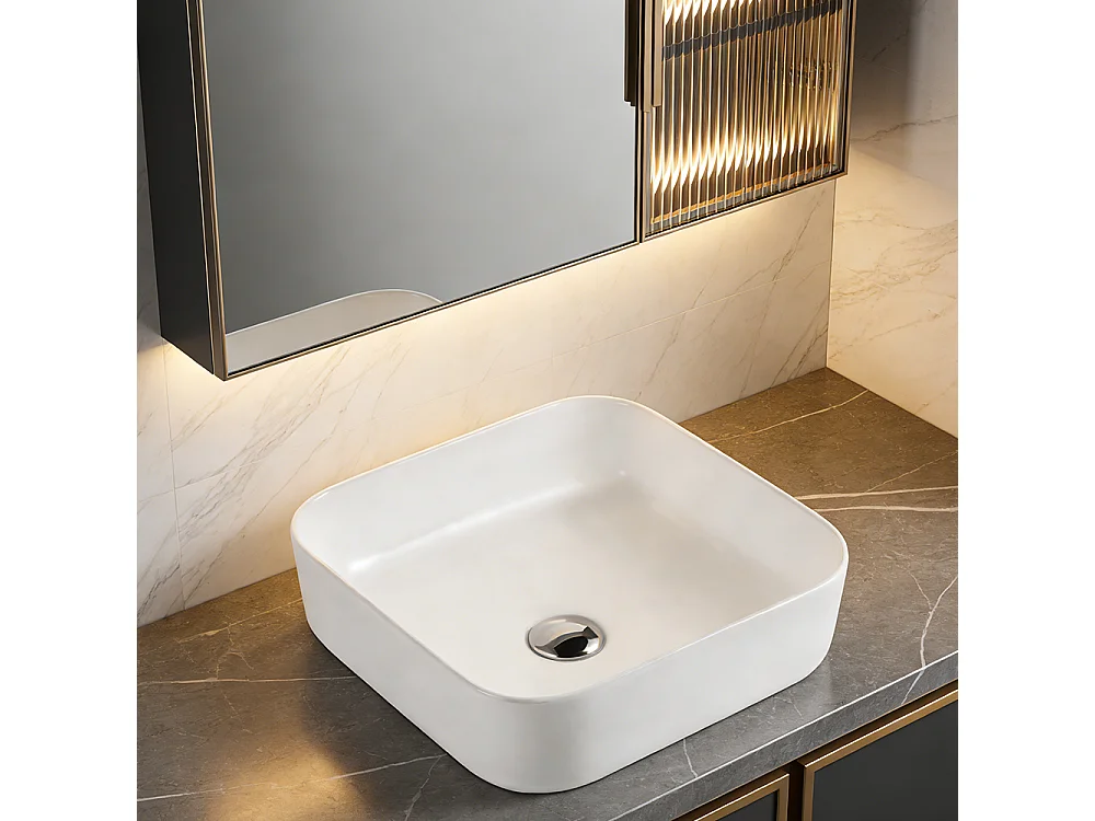 Vasque à poser en céramique lavabo perçage forme rectangle Blanc avec Bonde Siphon 385x385x140mm