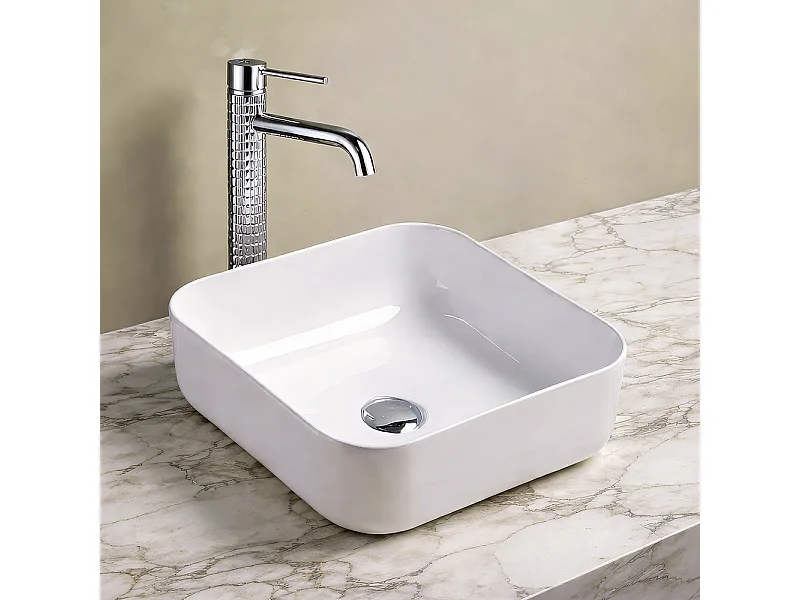 Vasque à poser en céramique lavabo perçage forme rectangle Blanc avec Bonde Siphon 385x385x140mm
