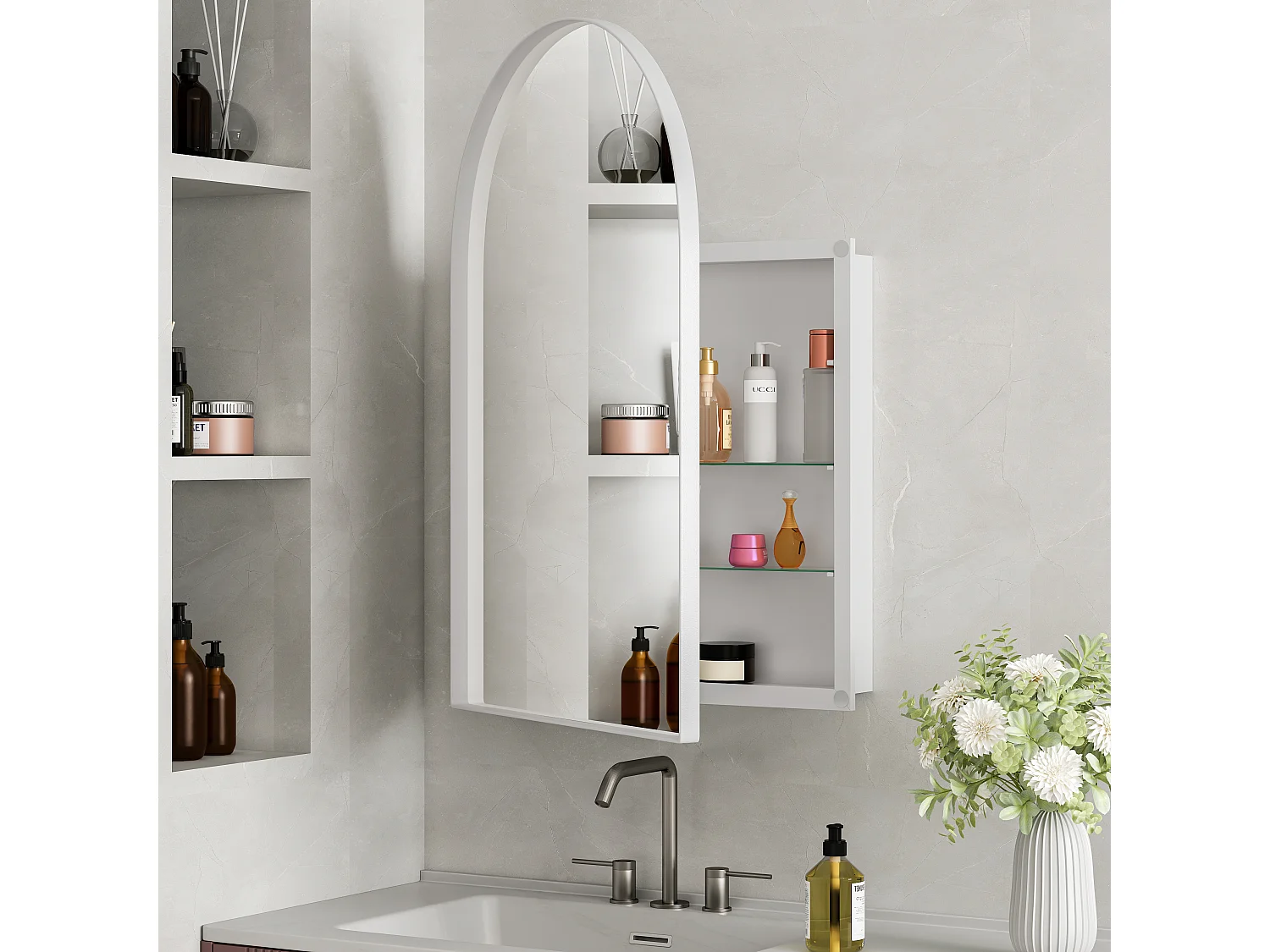Armoire miroir 91x61cm miroir avec rangement pour salle de bains salon et chambre à coucher arqué élégante Blanc