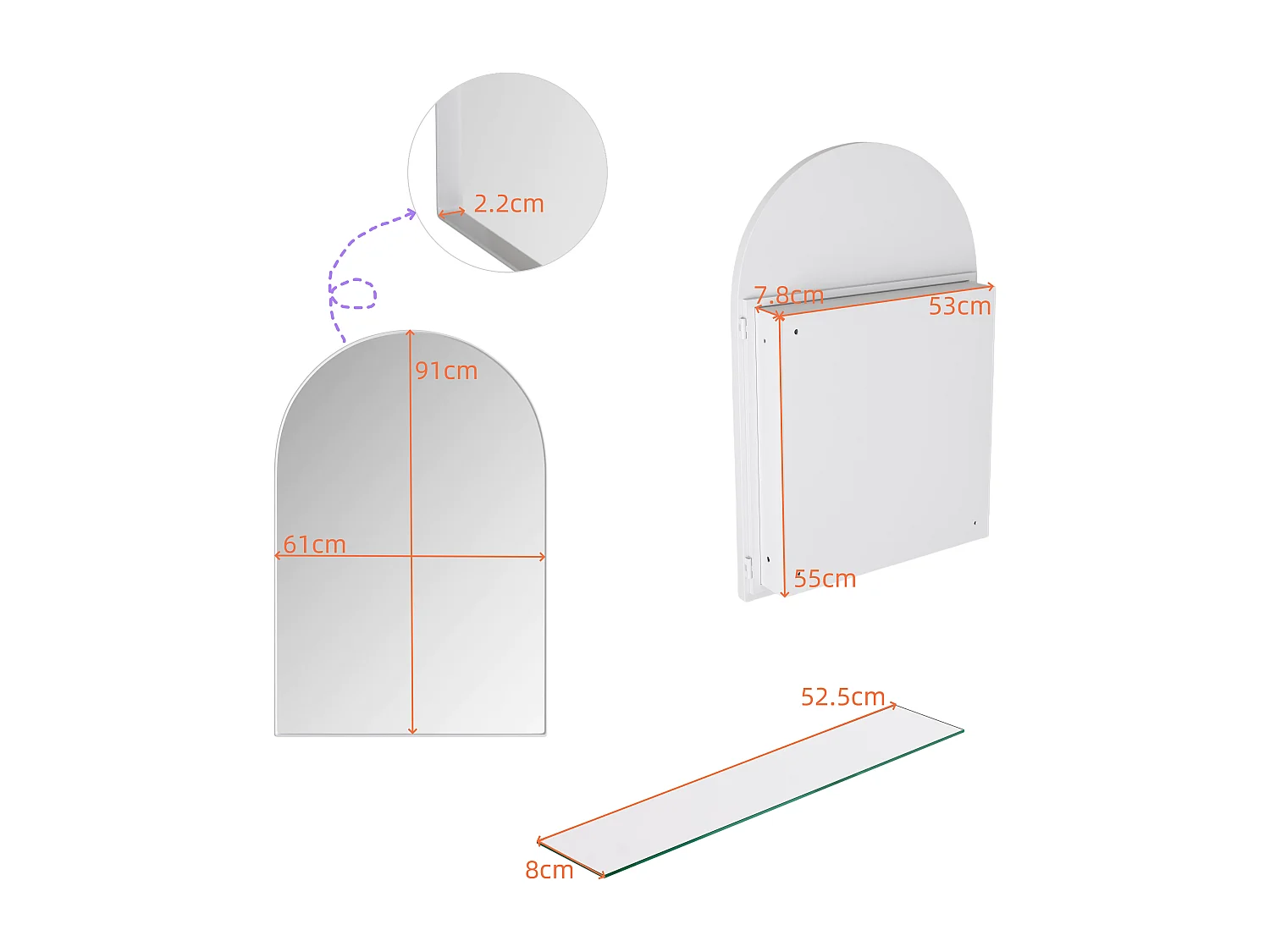 Armoire miroir 91x61cm miroir avec rangement pour salle de bains salon et chambre à coucher arqué élégante Blanc
