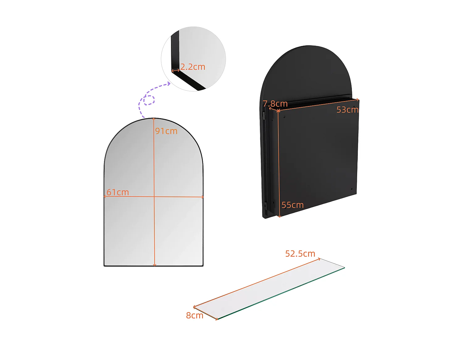 Armoire miroir 91x61cm miroir avec rangement pour salle de bains salon et chambre à coucher arqué élégante Noir