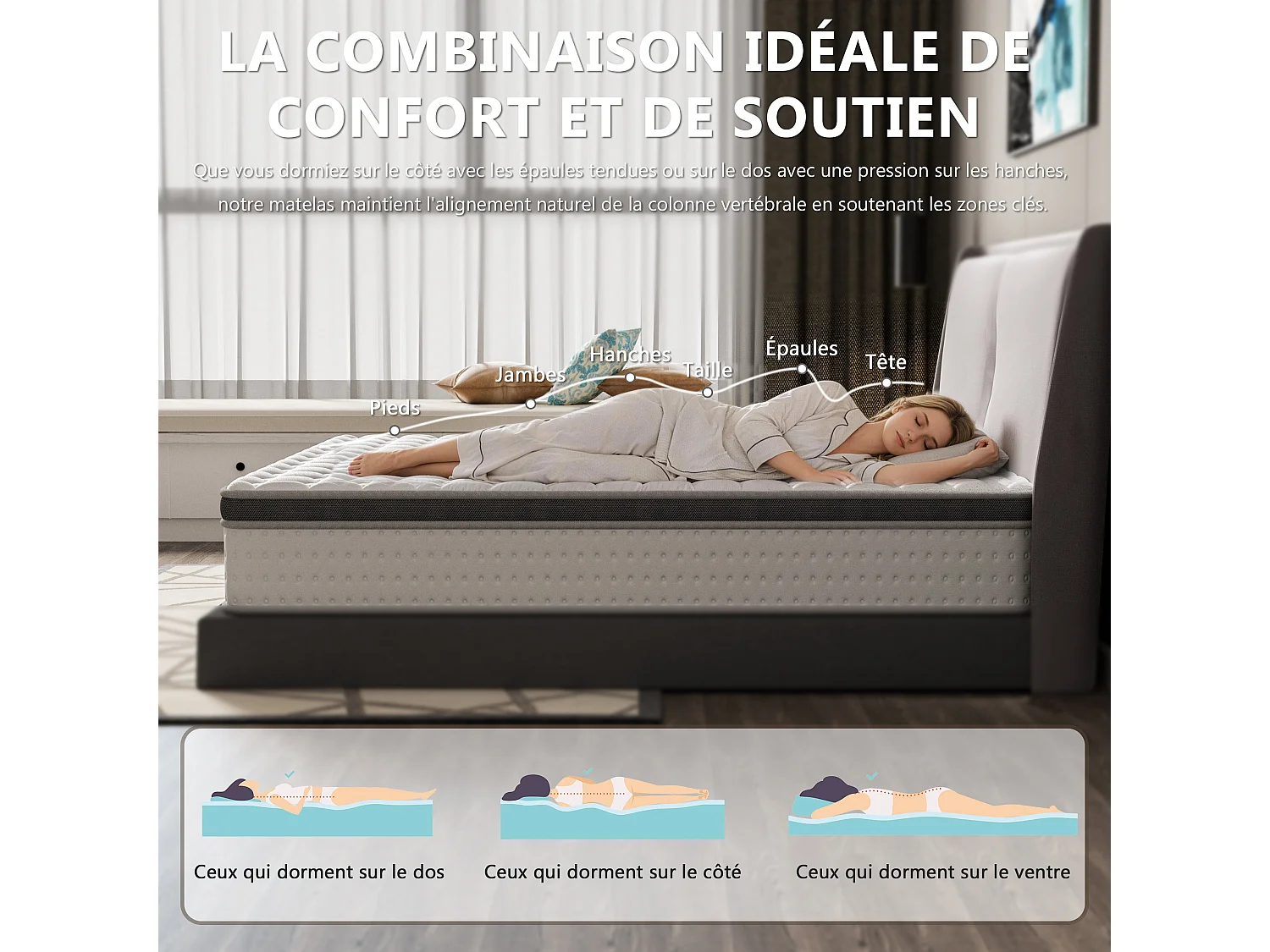 Matelas Ressorts Ensachés 160x200 cm avec mémoire de forme ép.25 cm