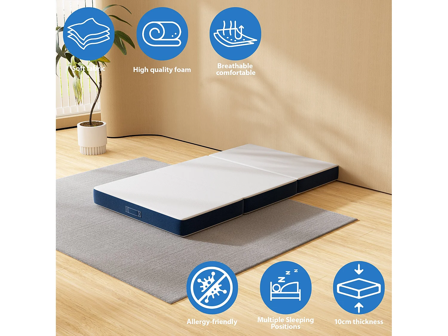 Matelas Pliant Triple,75x195x10cm, 10cm Mousse épaisse, Housse Amovible et Lavable en Machine, Poignée de Transport pour faciliter Le Transport