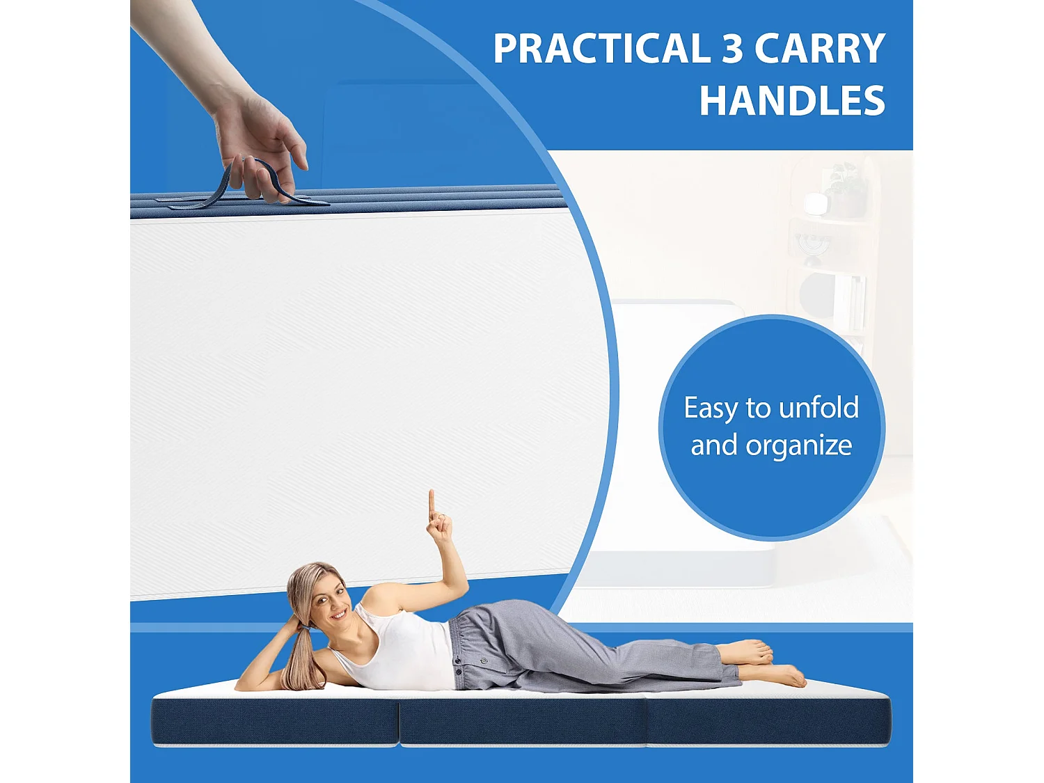 Matelas Pliant Triple,160x195x10cm, 10cm Mousse épaisse, Housse Amovible et Lavable en Machine, Poignée de Transport pour faciliter Le Transport