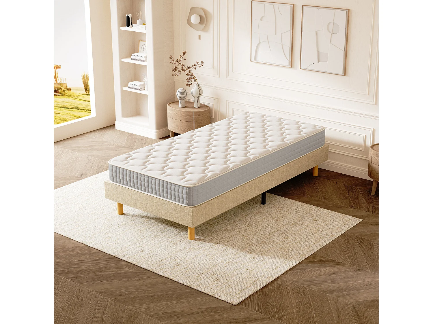Ensemble Matelas Ressorts 90x190 cm Epaisseur 20 cm + Sommier Déco