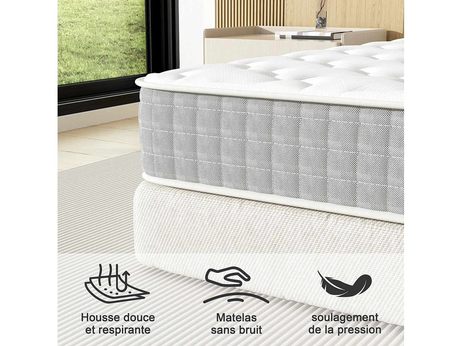 Ensemble Matelas Ressorts 90x190 cm Epaisseur 20 cm + Sommier Déco