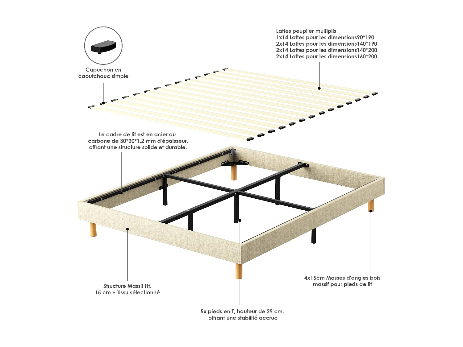 Ensemble Matelas Mousse 140x190 cm Epaisseur 22cm + Sommier Déco