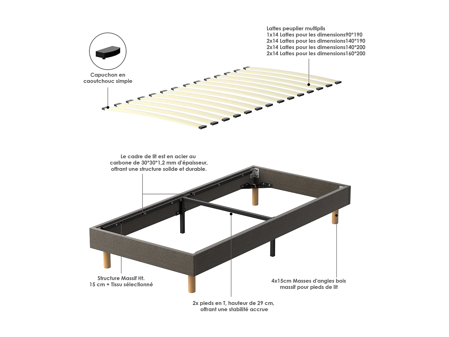 Ensemble Matelas Mousse 90x190 cm Epaisseur 30cm + Sommier Déco
