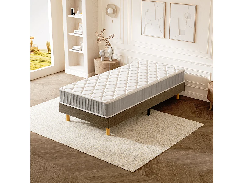 Ensemble Matelas Mousse 90x190 cm Epaisseur 30cm + Sommier Déco