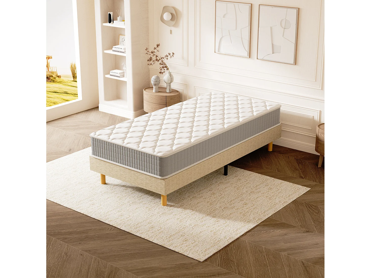 Ensemble Matelas Mousse 90x190 cm Epaisseur 25cm + Sommier Déco