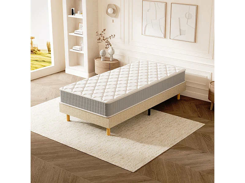 Ensemble Matelas Mousse 90x190 cm Epaisseur 25cm + Sommier Déco