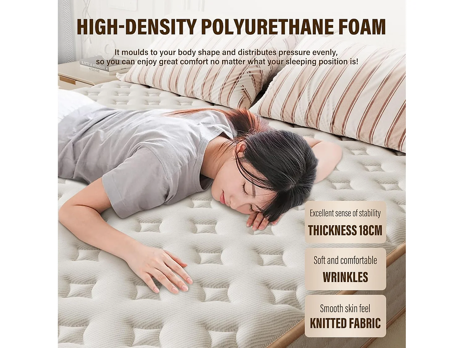 Matelas en 140x190 Mousse, Parfait Soutien,Haute Resilience Ultra Respirante+Sommiers à Lattes avec 9 Pieds pour Adulte (140x190x18cm)