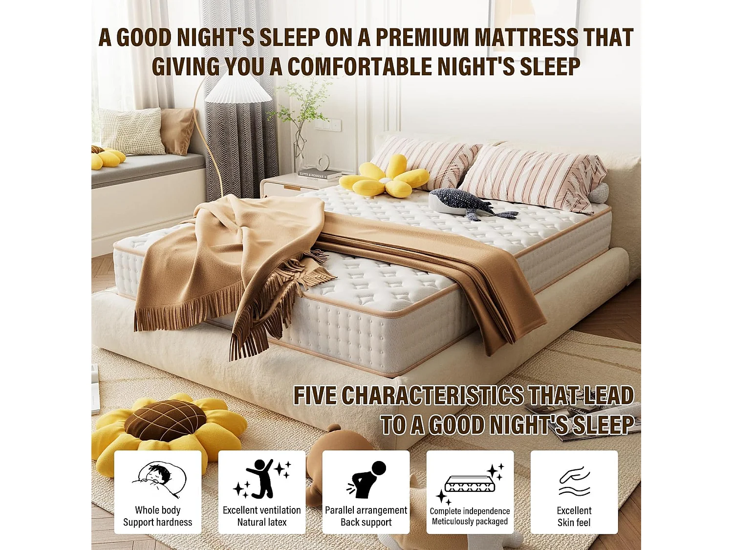 Matelas en 140x190 Mousse, Parfait Soutien,Haute Resilience Ultra Respirante+Sommiers à Lattes avec 9 Pieds pour Adulte (140x190x18cm)