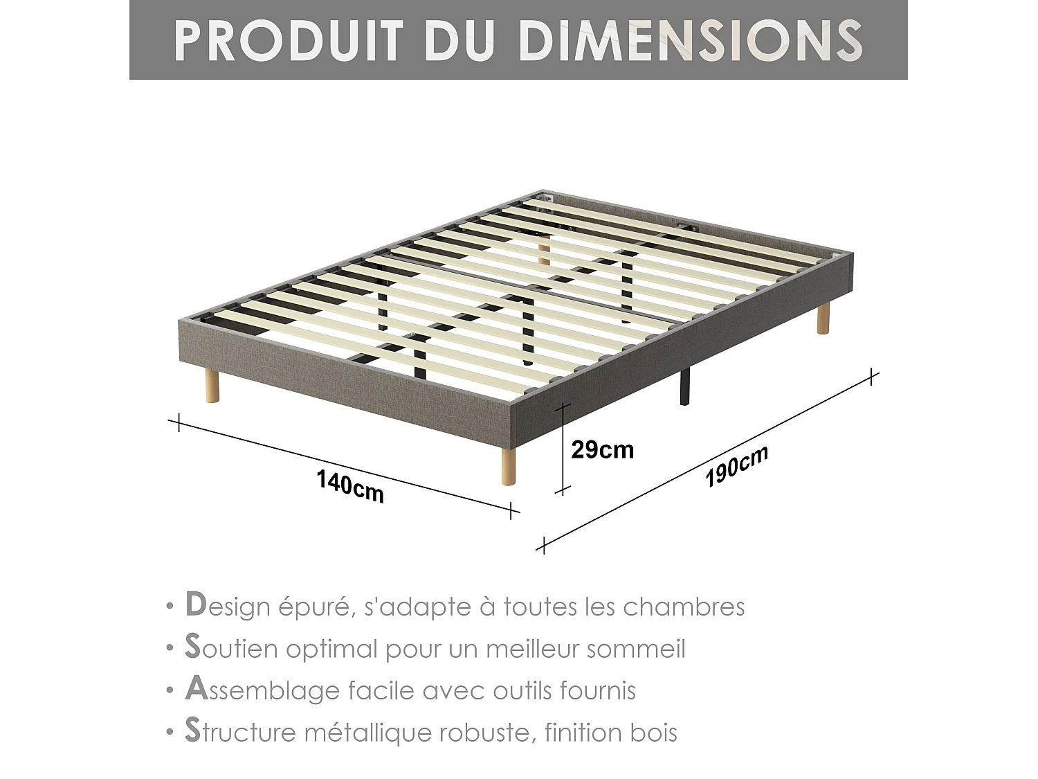 Ensemble Matelas Mousse 140x190 cm Epaisseur 25cm + Sommier Déco