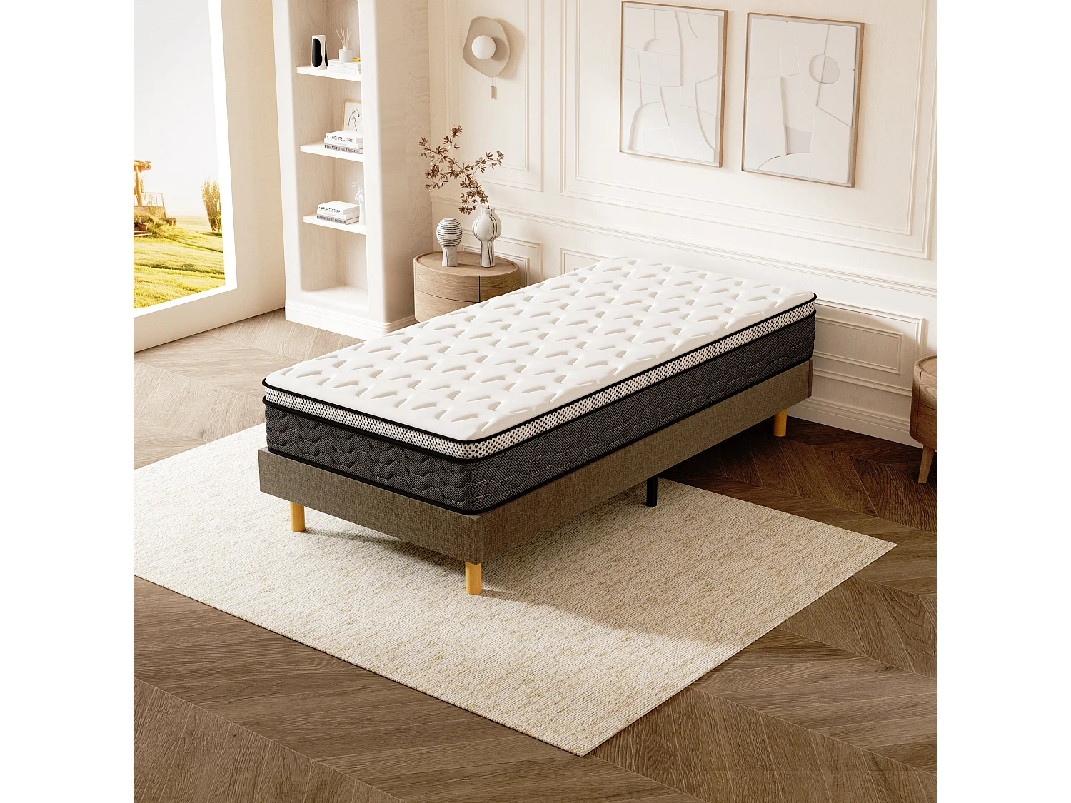Ensemble Matelas Ressorts 90x190 cm Epaisseur 25 cm + Sommier Déco