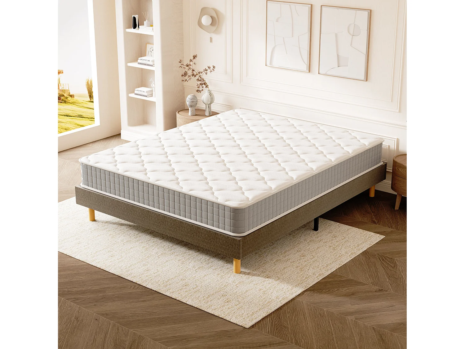 Ensemble Matelas Mousse 160x200 cm Epaisseur 22cm + Sommier Déco