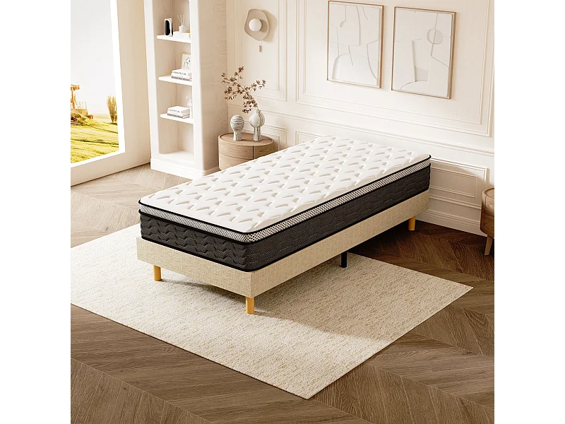 Ensemble Matelas Ressorts 90x190 cm Epaisseur 25 cm + Sommier Déco