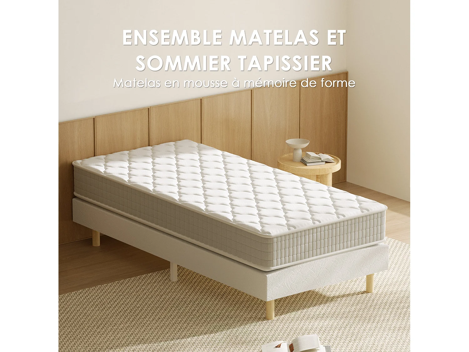 Ensemble Sommier et Matelas 90x190 cm, Lit Une Personne Complet avec Sommier Tapissier (Matelas 90x190x25+Sommier)