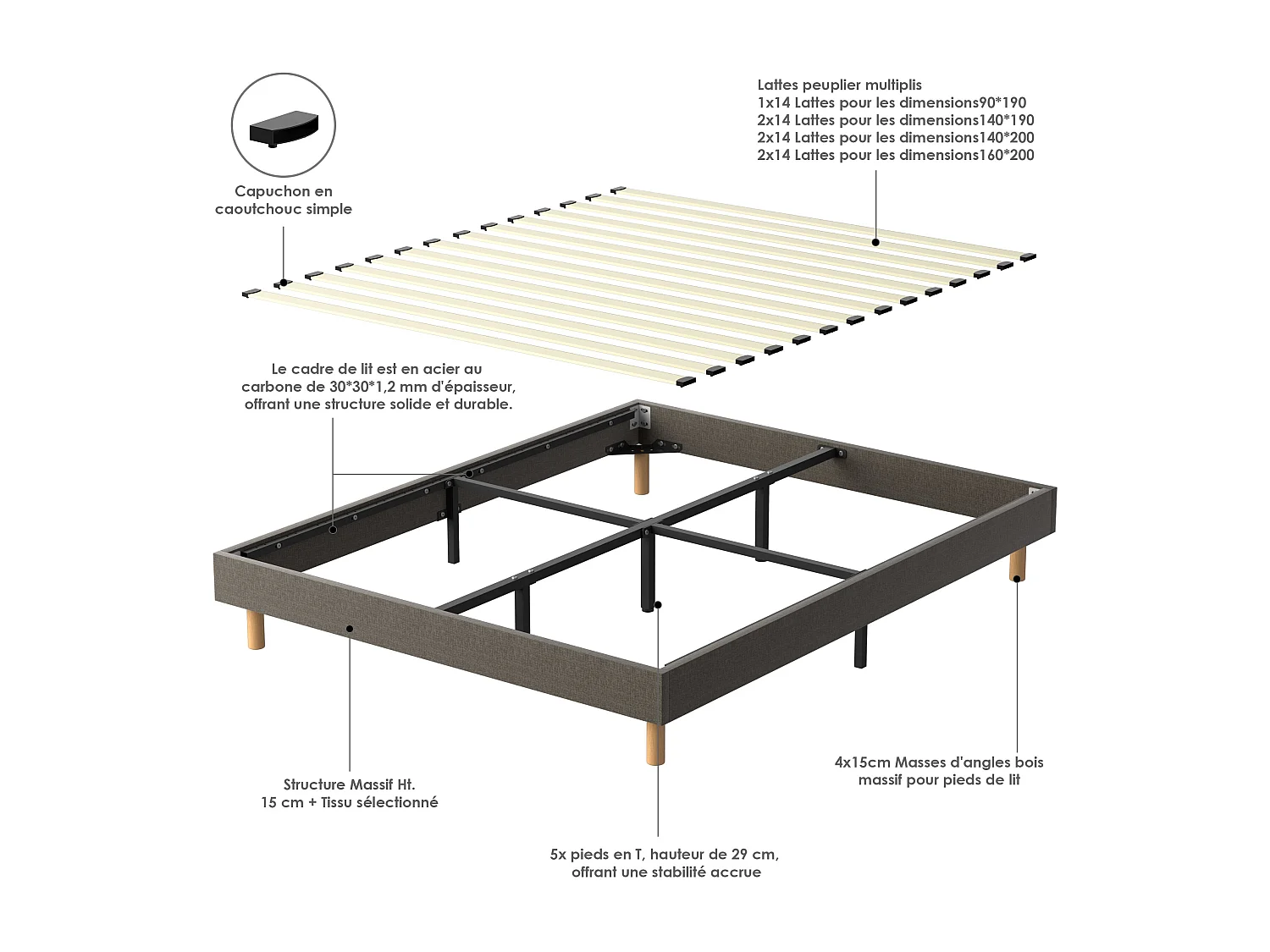 Ensemble Matelas Mousse 140x190 cm Epaisseur 30cm + Sommier Déco