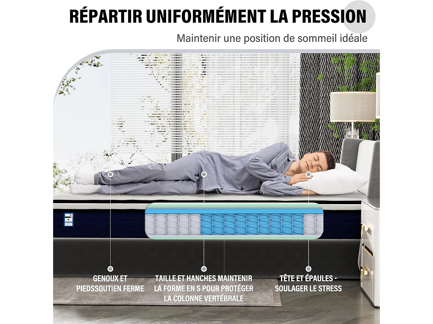 Ensemble matelas à ressorts + sommier à lattes 160 x 200 cm, épaisseur du matelas 25 cm, hauteur du sommier 29 cm