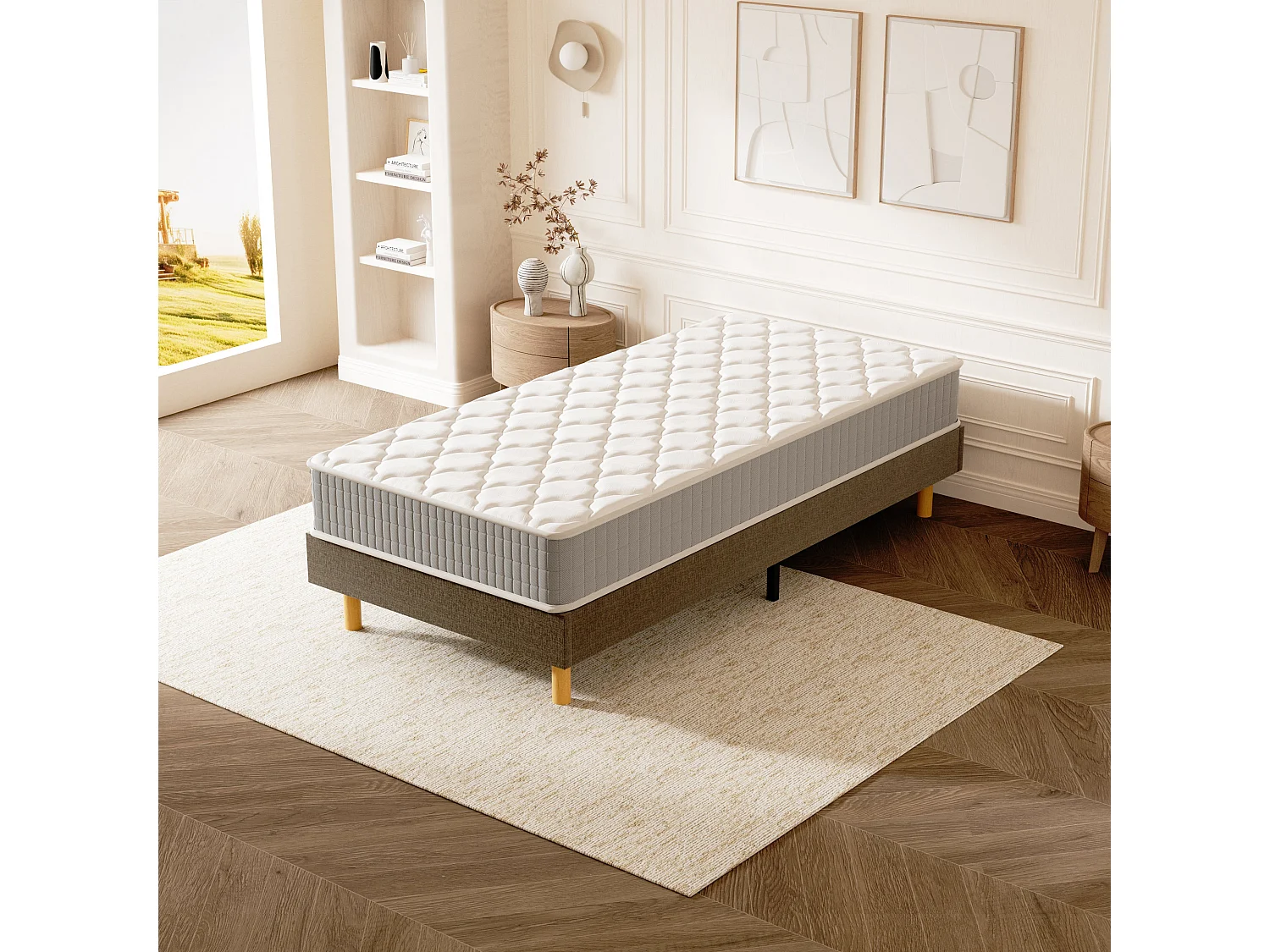 Ensemble Matelas Mousse 90x190 cm Epaisseur 22cm + Sommier Déco