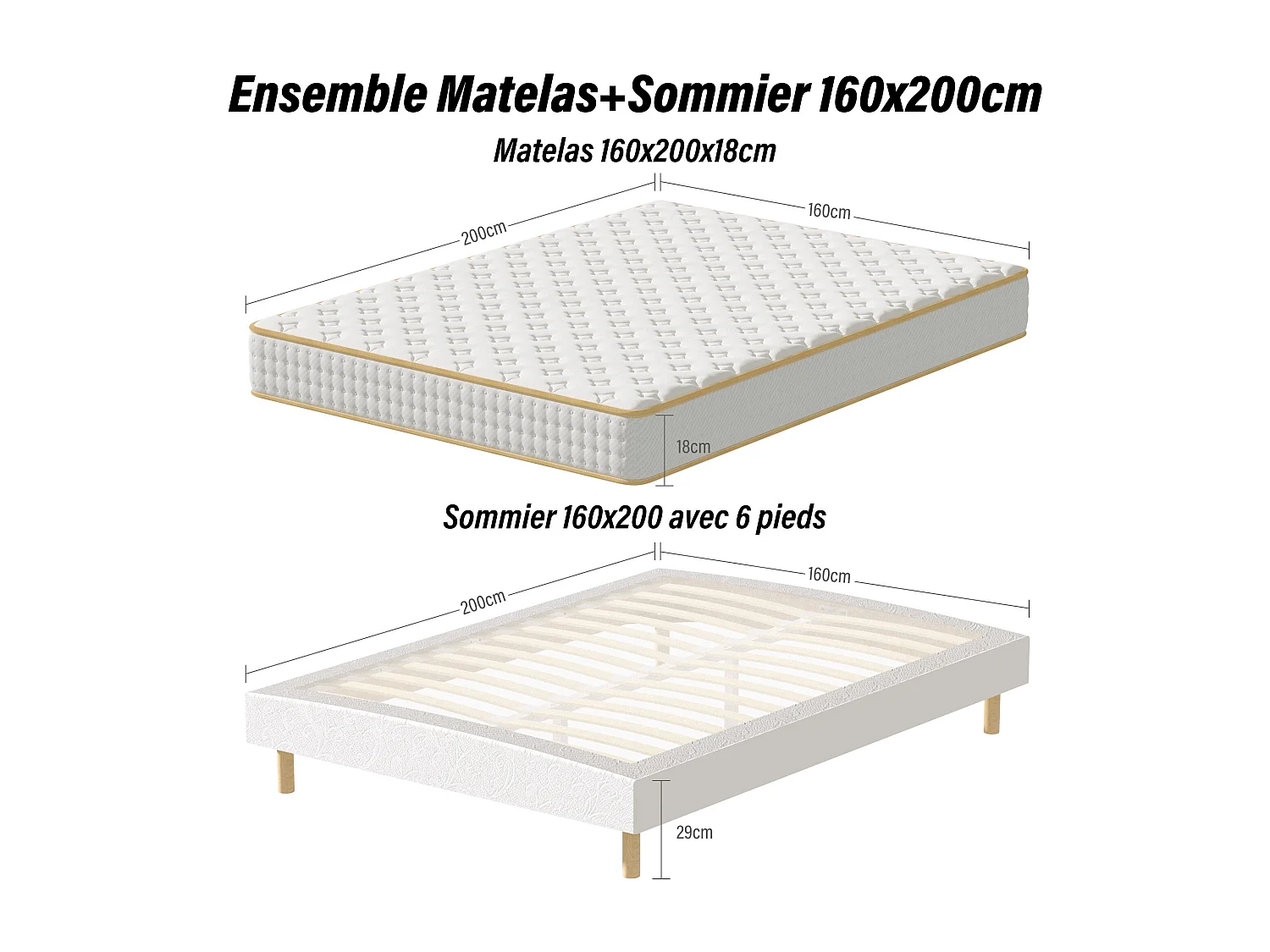 Ensemble 160X200 CM Matelas Mousse +Sommier Tapissier, Hauteur du Cadre de lit 29 cm，Epaisseur Matelas 18CM
