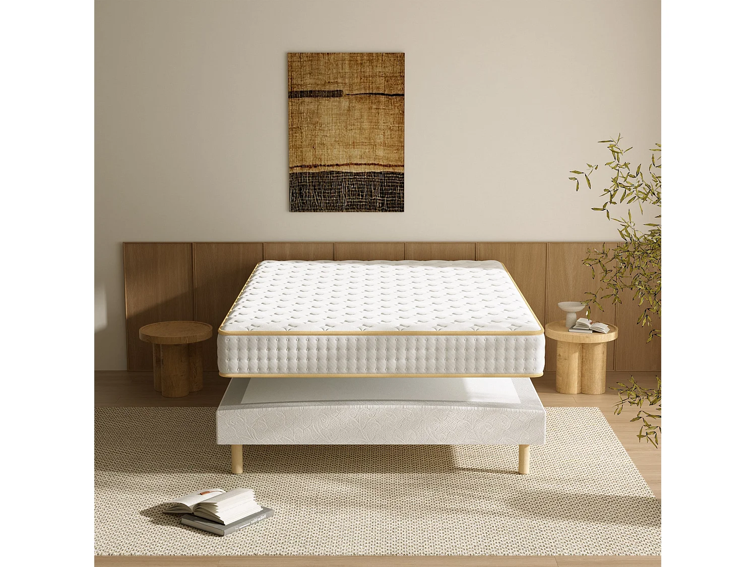 Ensemble 160X200 CM Matelas Mousse +Sommier Tapissier, Hauteur du Cadre de lit 29 cm，Epaisseur Matelas 18CM