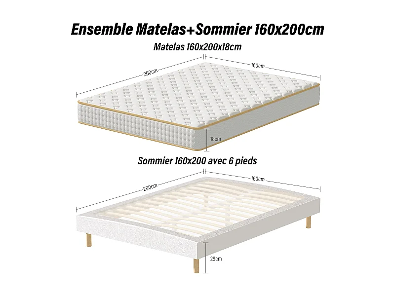 Ensemble 160X200 CM Matelas Mousse +Sommier Tapissier, Hauteur du Cadre de lit 29 cm，Epaisseur Matelas 18CM