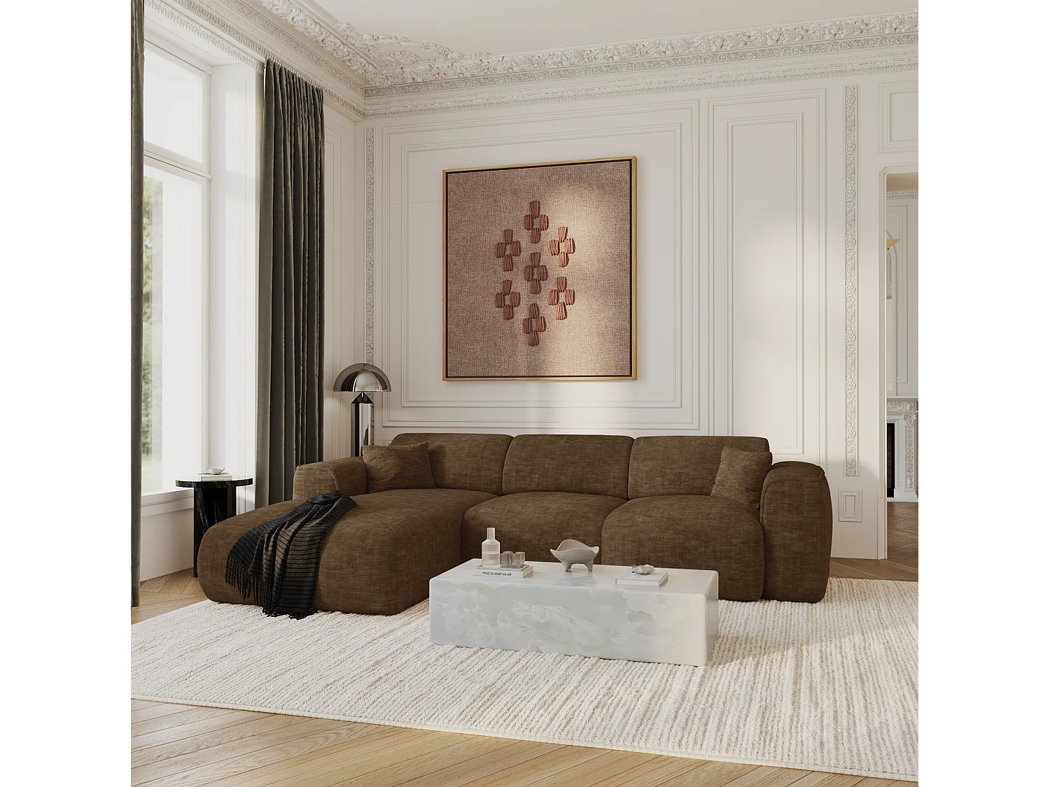 Canapé convertible angle gauche 5 places velours texturé brun expresso YUMA