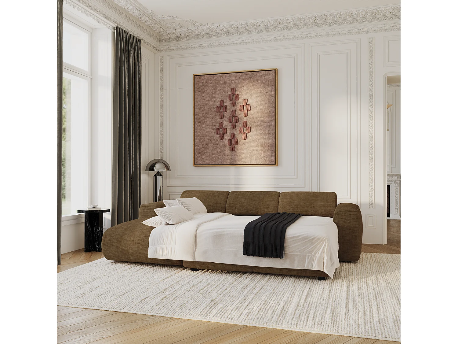 Canapé convertible angle gauche 5 places velours texturé brun expresso YUMA