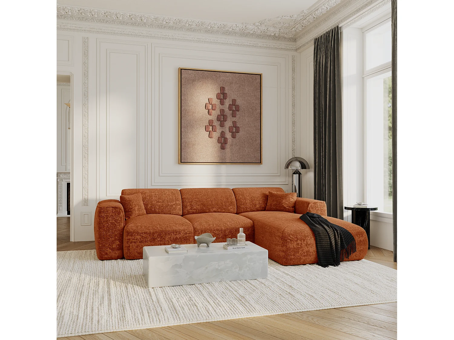 Canapé convertible angle droit 5 places velours gaufré terracotta YUMA